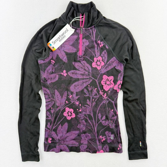Smartwool Baselayer Womens 1/4 Zip Thermal Merino Size XS Purple Iris Floral NWT - Picture 1 of 11